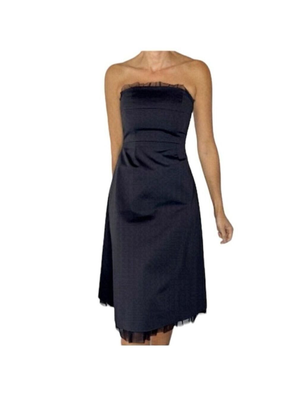 Y2K RW & Co. Black Satin Tulle Strapless old money cocktail party Midi Dress 0